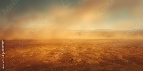 Epic sandstorm sweeps over undulating desert dunes, creating a hazy, ominous atmosphere across the horizon. photo