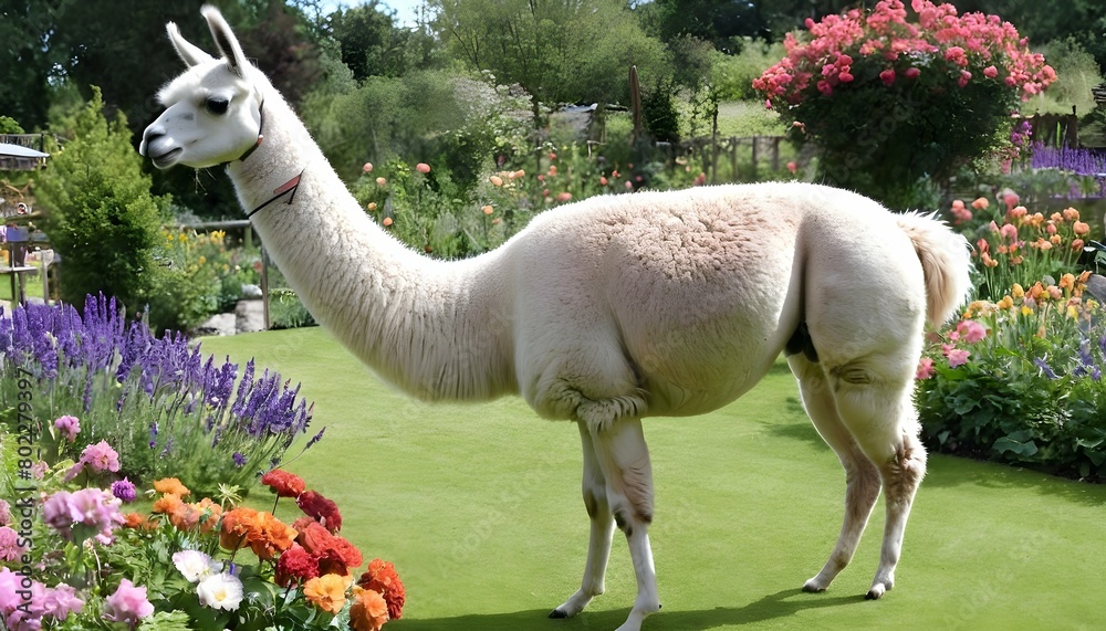 Naklejka premium A Llama In A Garden Surrounded By Flowers