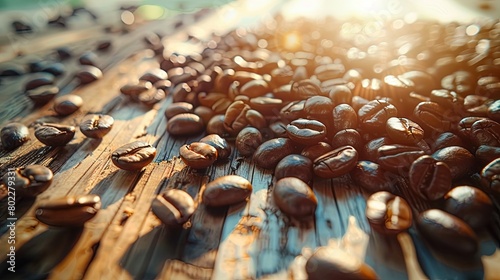 A photographic close-up of roasted coffee beans scattered across a rustic wooden table, highlighting their glossy texture and rich brown colors