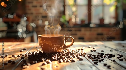 A scene of coffee beans scattered around a ceramic cup filled with steaming coffee, capturing the connection between raw ingredient and final product