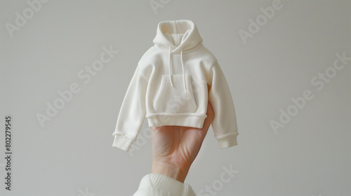 Mockup of tiny clothes. A cute white mini hoodie is held by a woman hands on a plain white background with copy-space for text suit for a fashion advertisement.