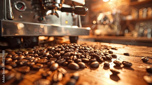 A vibrant scene of coffee beans scattered across a wooden table  with an espresso machine in operation in the background