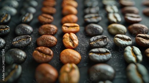 An array of coffee beans at various stages of roasting, from green to dark roast, lined up in gradient photo
