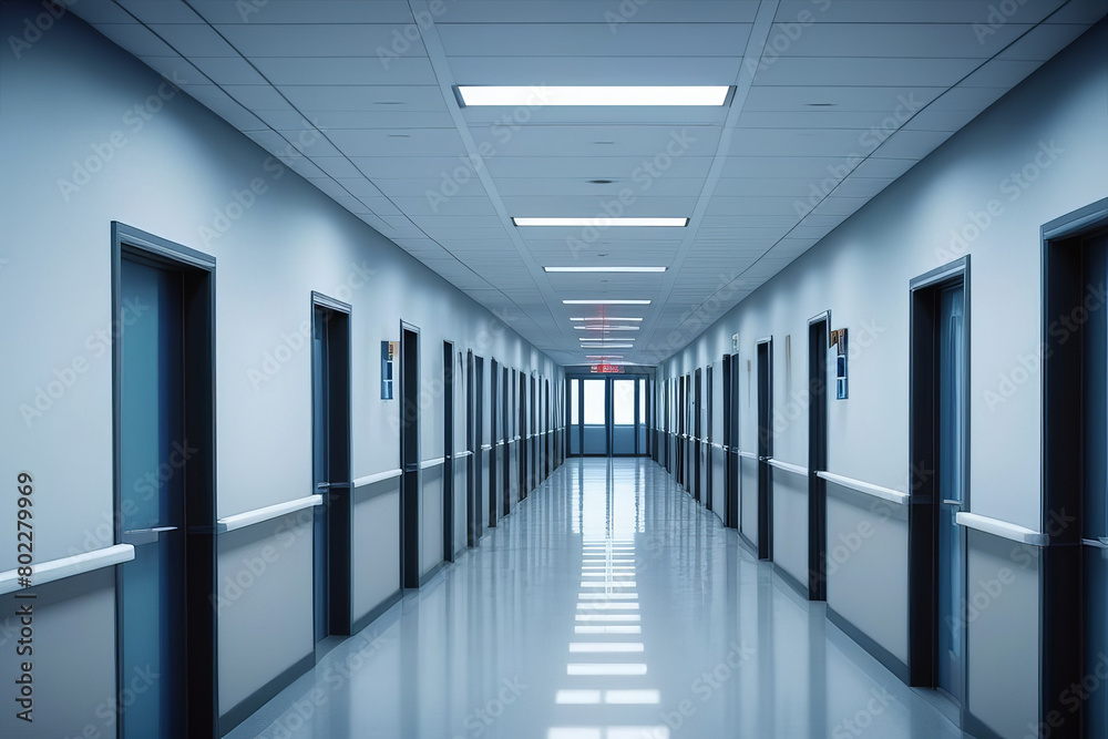 Modern hospital corridor with sleek blue doors and reflective floors