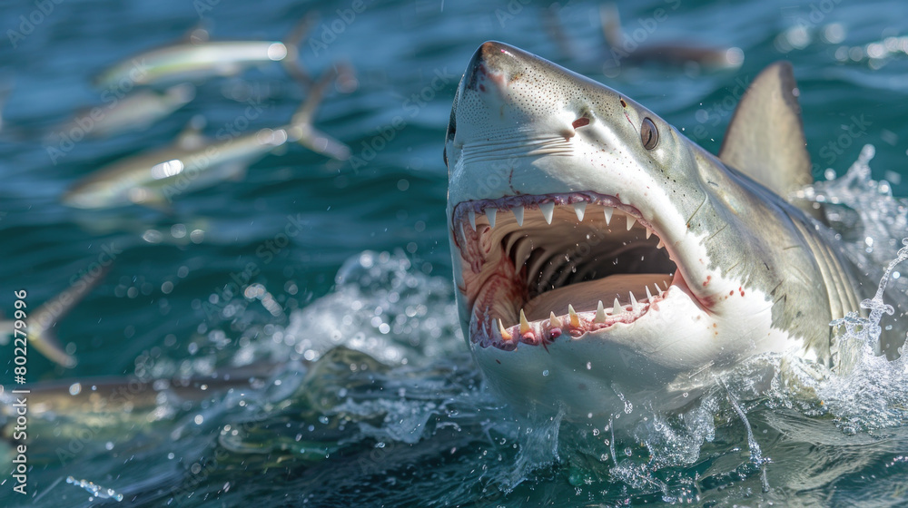 Naklejka premium Huge shark praying on small fish, jumping out of water