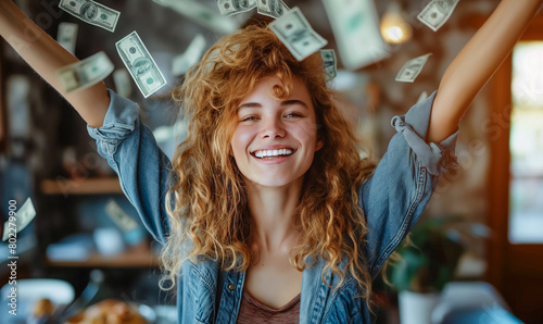 Exuberant Woman Celebrating with Money Falling