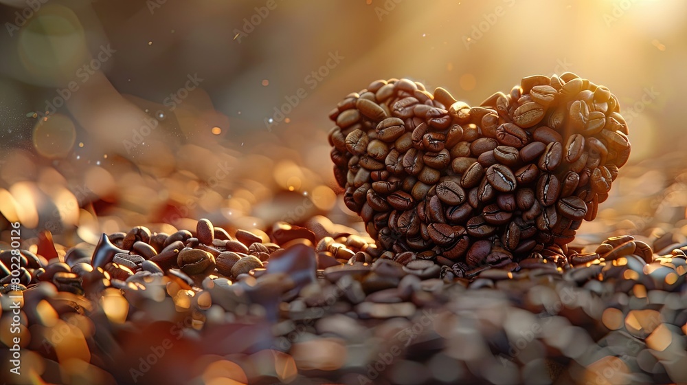 Coffee beans meticulously arranged to create a heart shape, symbolizing love for coffee, with a soft-focus background in warm tones Coffee beans meticulously arranged to create a heart shape, symbolizing love for coffee, with a soft-focus background in warm tones