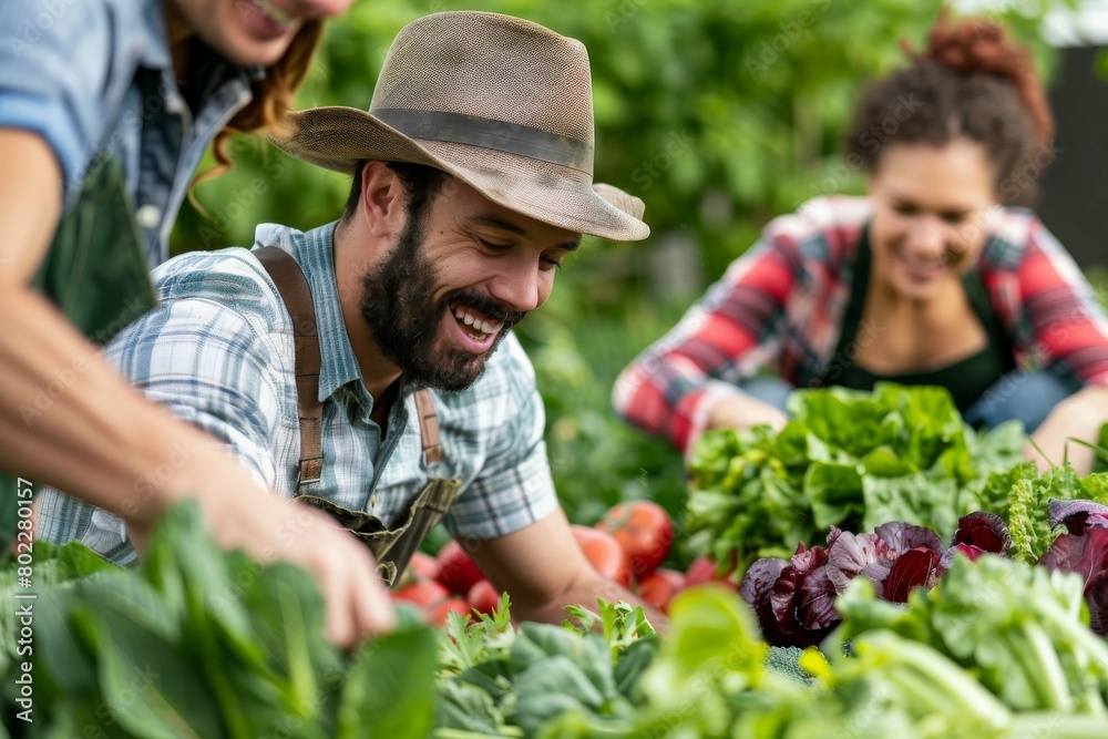 Friendly team harvesting fresh vegetables from the rooftop greenhouse garden and planning harvest season Friendly team harvesting fresh vegetables from the rooftop greenhouse garden and planning harvest season