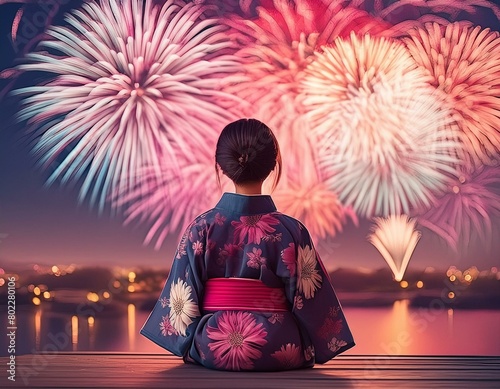 Kimono woman watches fireworks