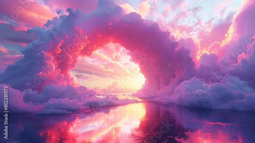 Tunnel made of pink clouds over sea surface