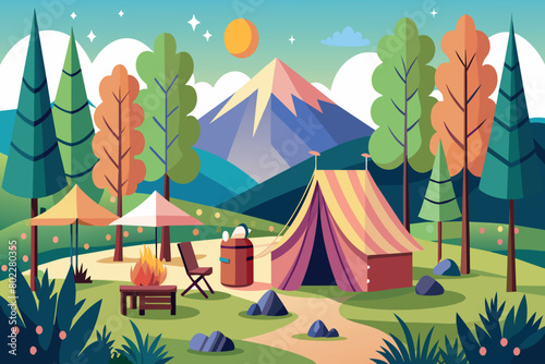 A cartoon drawing of a campsite with a tent, a fire, and a picnic table