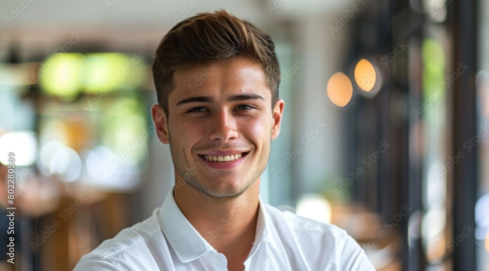 Fototapeta premium Confident Young Professional in White Shirt, Headshot Portrait with Office Background