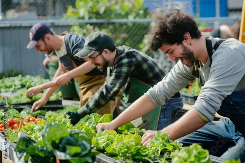Friendly team harvesting fresh vegetables from the rooftop greenhouse garden and planning harvest season