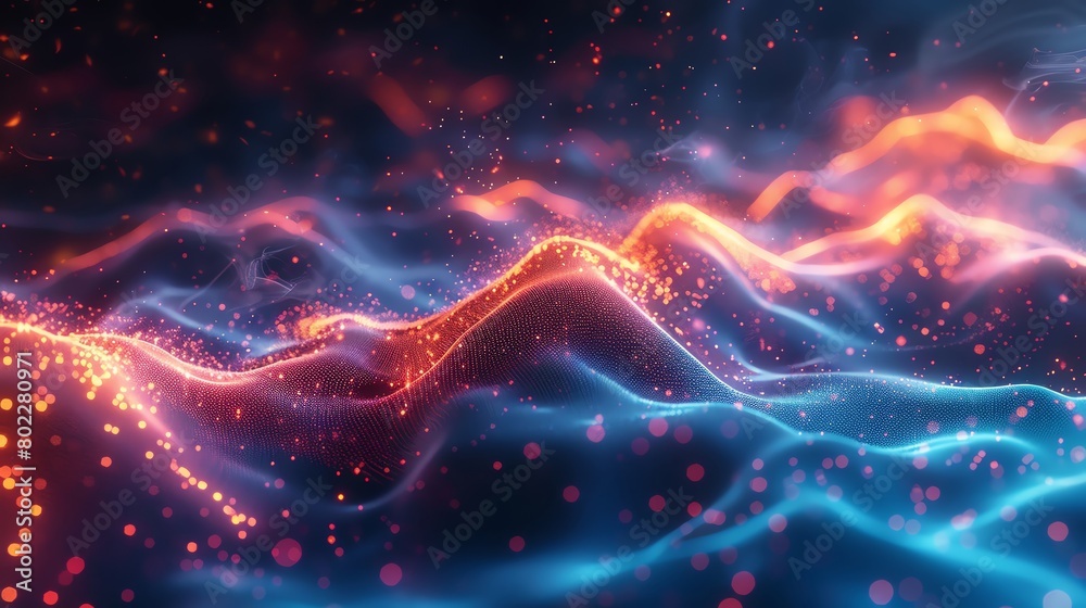 Blue and orange glowing particles form into a wave-like shape. Blue and orange glowing particles form into a wave-like shape.
