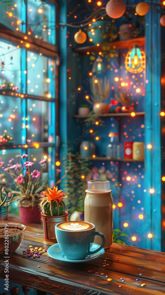 A bohemian art studio with eclectic latte art and colorful neon light strings