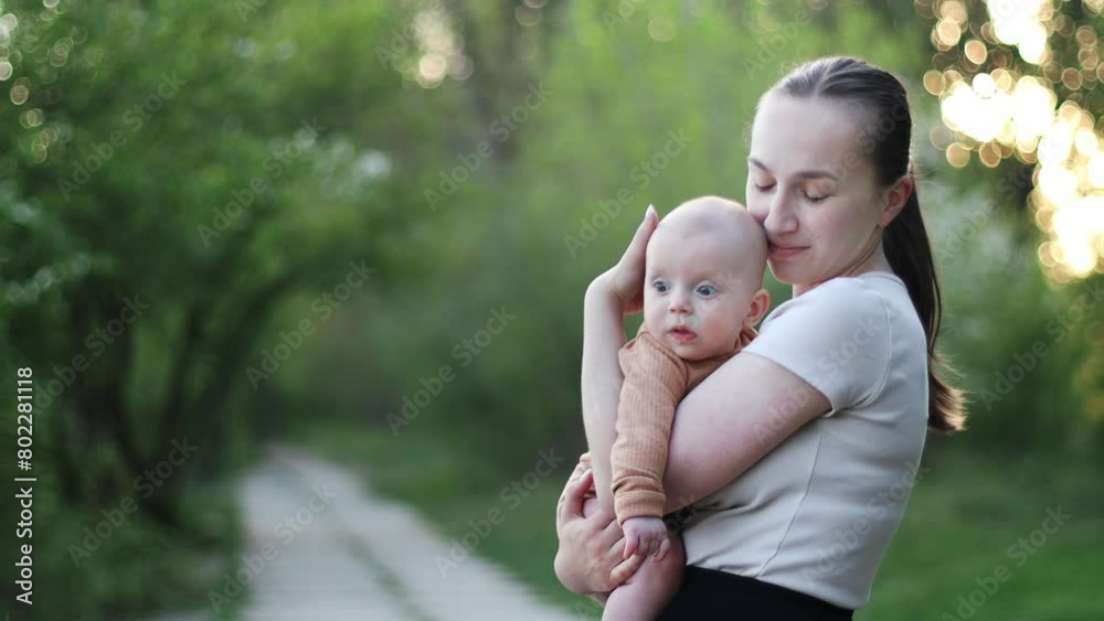 Mother holds her little son in her arms in the park.