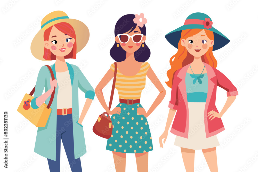 Three women are standing together, wearing hats and sunglasses Three women are standing together, wearing hats and sunglasses