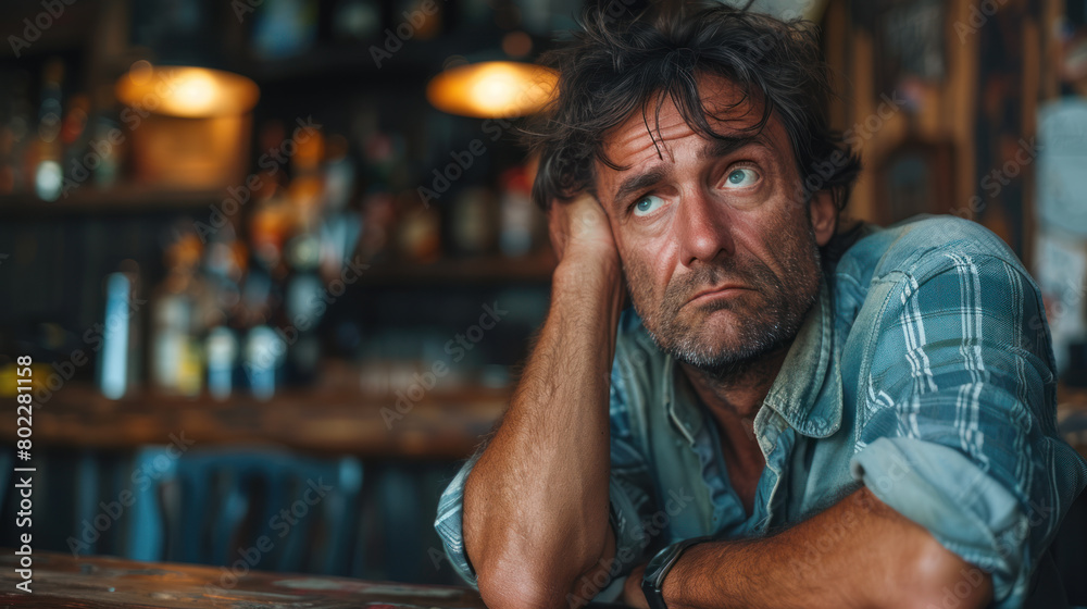 Fototapeta premium Sad middle aged alcoholic consuming drinks in pub