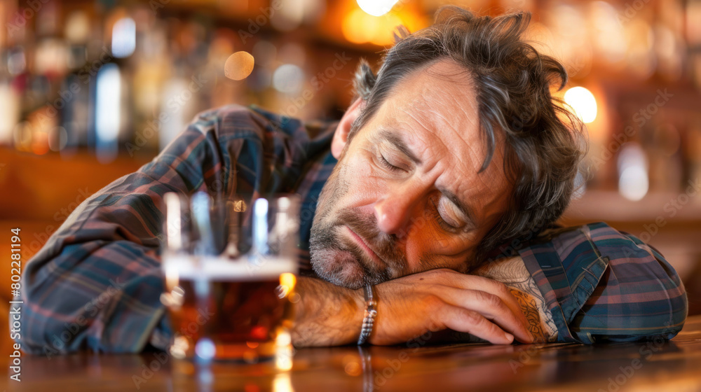 Sad middle aged alcoholic consuming drinks in pub, nodding off