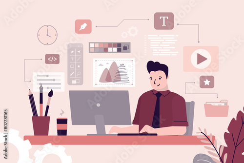 Creative work, young adult man working on idea behind his desk. Creative process, workflow, icons on background. Editor drawing digital graphic. Designer freelancer at work.