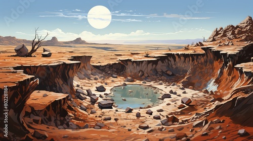 A dry desert landscape with a large crater in the foreground.