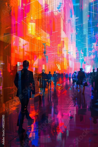 An abstract painting of people walking in a city. The colors are vibrant and the people are all wearing suits.