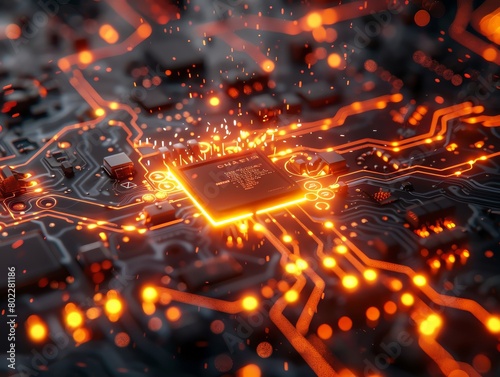 circuit board with orange glowing cpu