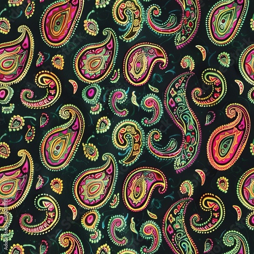 An intricate paisley pattern in teal and pink on a black background.