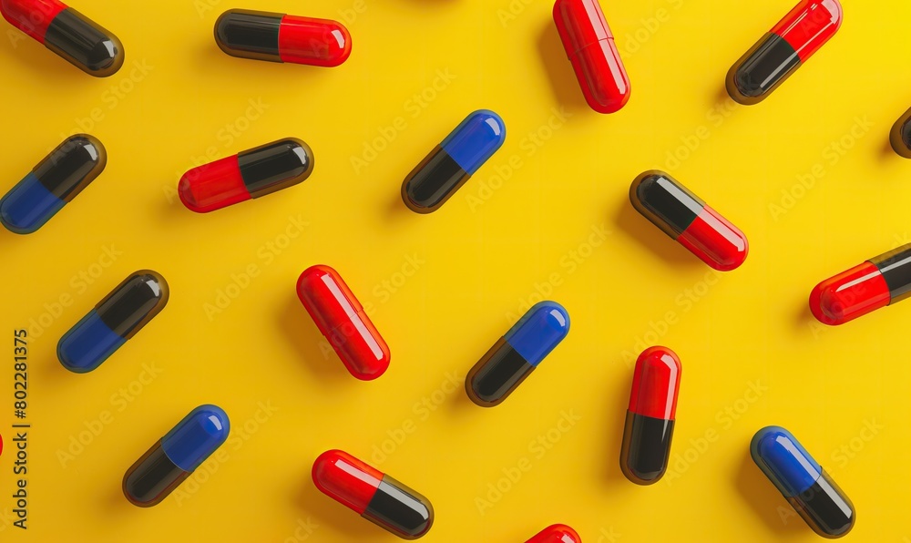 The tablet is a capsule on a yellow background. The concept of medicine. vitamins, dietary supplements for humans, maintenance of immunity and health The tablet is a capsule on a yellow background. The concept of medicine. vitamins, dietary supplements for humans, maintenance of immunity and health