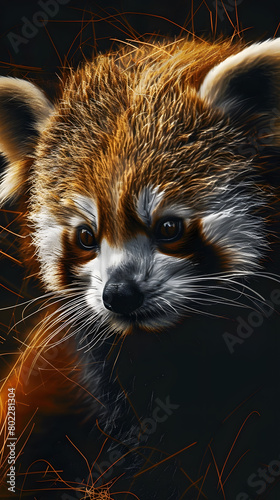 a red panda with a white face and orange eyes sits in a forest