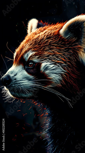a red panda with a white face and orange eyes sits in a forest