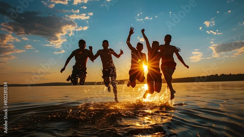 Fototapeta Naklejka Na Ścianę i Meble -  Friends leaping into a lake at sunset creating a splash of memories