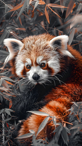 a red panda with a white face and orange eyes sits in a forest