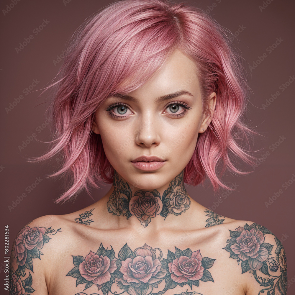 Pink haired lady with tattoos. Pink haired lady with tattoos.
