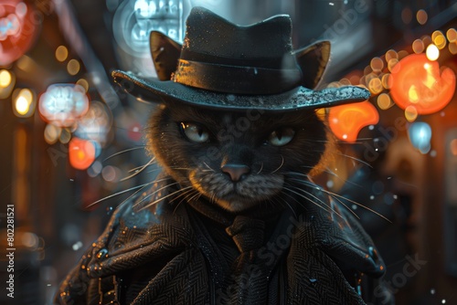 A noir style portrait of a cat wearing a fedora in a rainy city street with red lanterns in the background