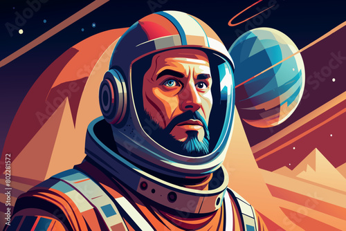 A man in a space suit is standing in front of a planet