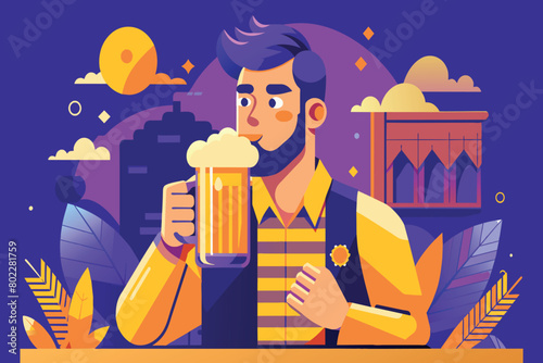 A man is drinking a beer in front of a building