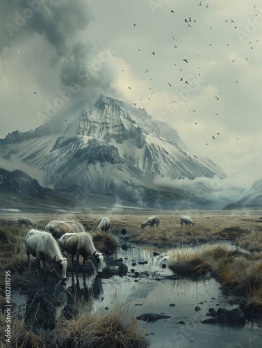 sheep grazing on a mountain field with a river and a mountain in the background