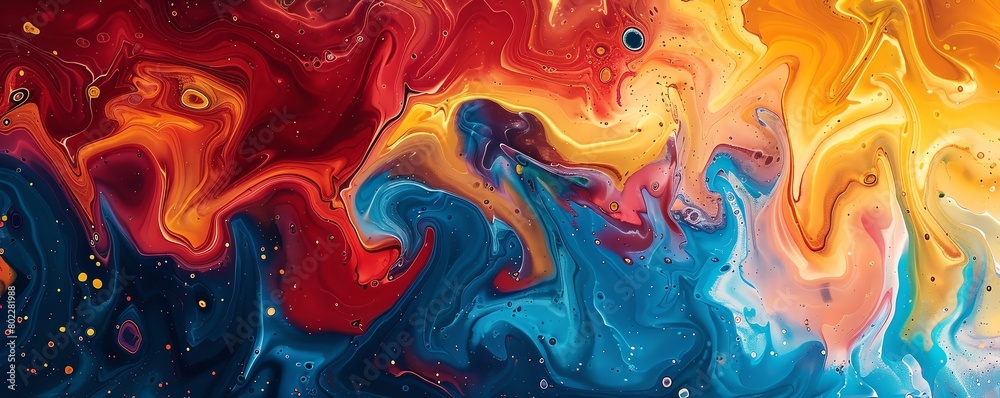 A vibrant abstract painting with swirling patterns of red, blue, and yellow, ideal for a creative background