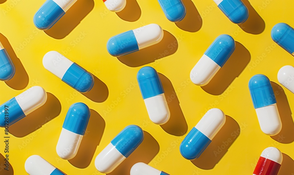 The tablet is a capsule on a yellow background. The concept of medicine. vitamins, dietary supplements for humans, maintenance of immunity and health The tablet is a capsule on a yellow background. The concept of medicine. vitamins, dietary supplements for humans, maintenance of immunity and health