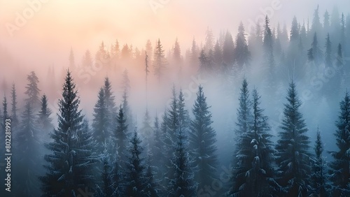 Mysterious foggy forest at sunrise with closeup of majestic pine trees. Concept Forest Photography, Sunrise Scenes, Closeup Shots, Majestic Trees, Foggy Landscapes