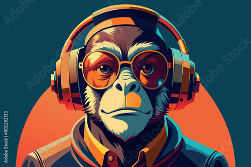 A monkey wearing headphones and sunglasses