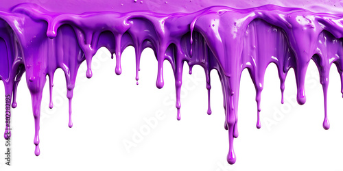 The vibrant purple liquid is captured mid-drip as it flows in a viscous, glossy stream, creating an eye-catching display of fluid dynamics and texture against a pure white background.AI generated.