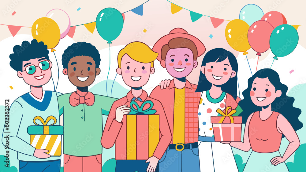 Cartoon Birthday Celebration with Diverse Friends and Gifts