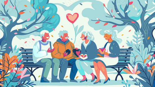 Cheerful Seniors Enjoying a Park Gathering with Heart Balloon