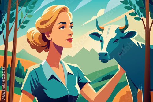 A woman is holding a cow in a field