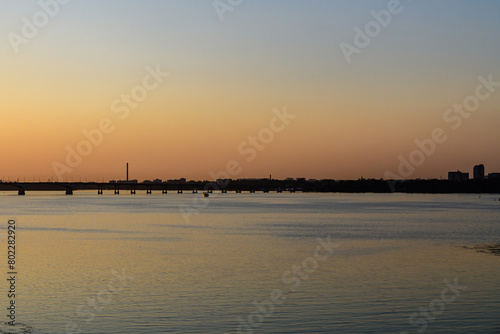 Beautiful sunset over the river Dnieper. Dnipro, Ukraine