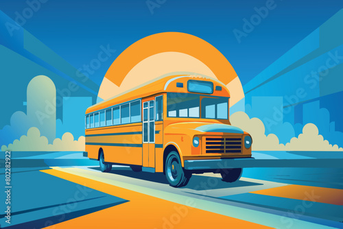 A yellow school bus is driving down a road