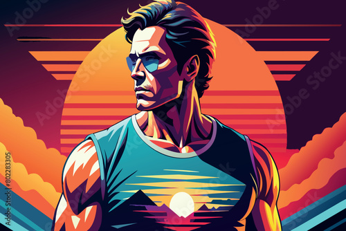 A man is standing in front of a sun with a blue tank top on