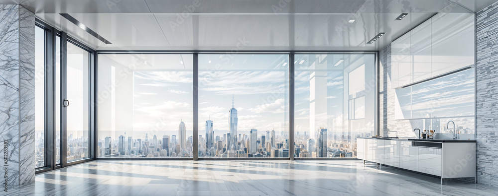 Wide Panoramic View of a High-Rise Empty Apartment with Cityscape. Modern Luxury Living Concept. Wide-Angle View of Minimalist Kitchen and Living Space with City View Wide Panoramic View of a High-Rise Empty Apartment with Cityscape. Modern Luxury Living Concept. Wide-Angle View of Minimalist Kitchen and Living Space with City View